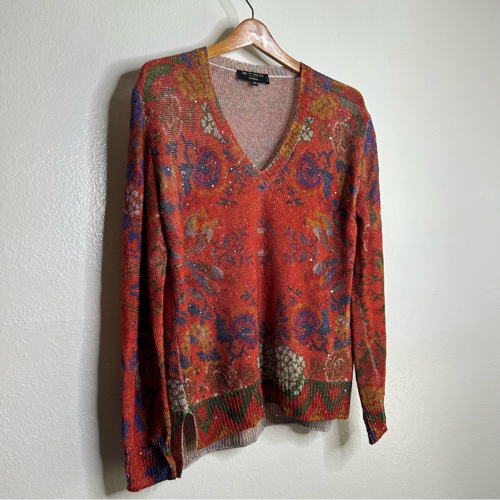 Etro 100% Linen Red Multicolor Floral Paisley Knit Pullover Sweater 44/ M - Picture 5 of 16